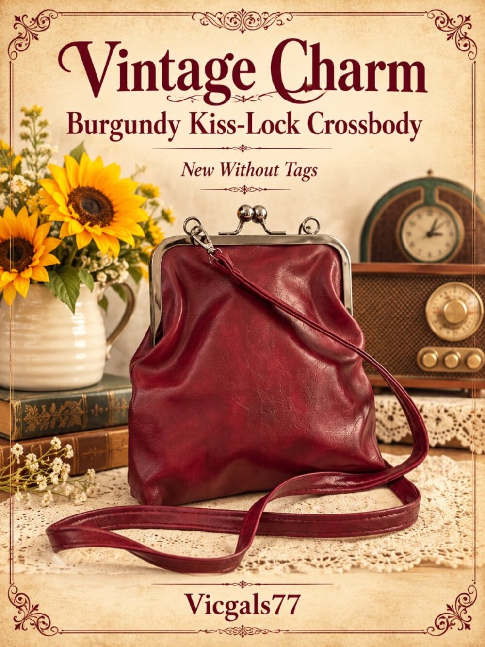 Burgundy Kiss Lock Crossbody Bag Retro Style Silver-Tone Frame NWOT